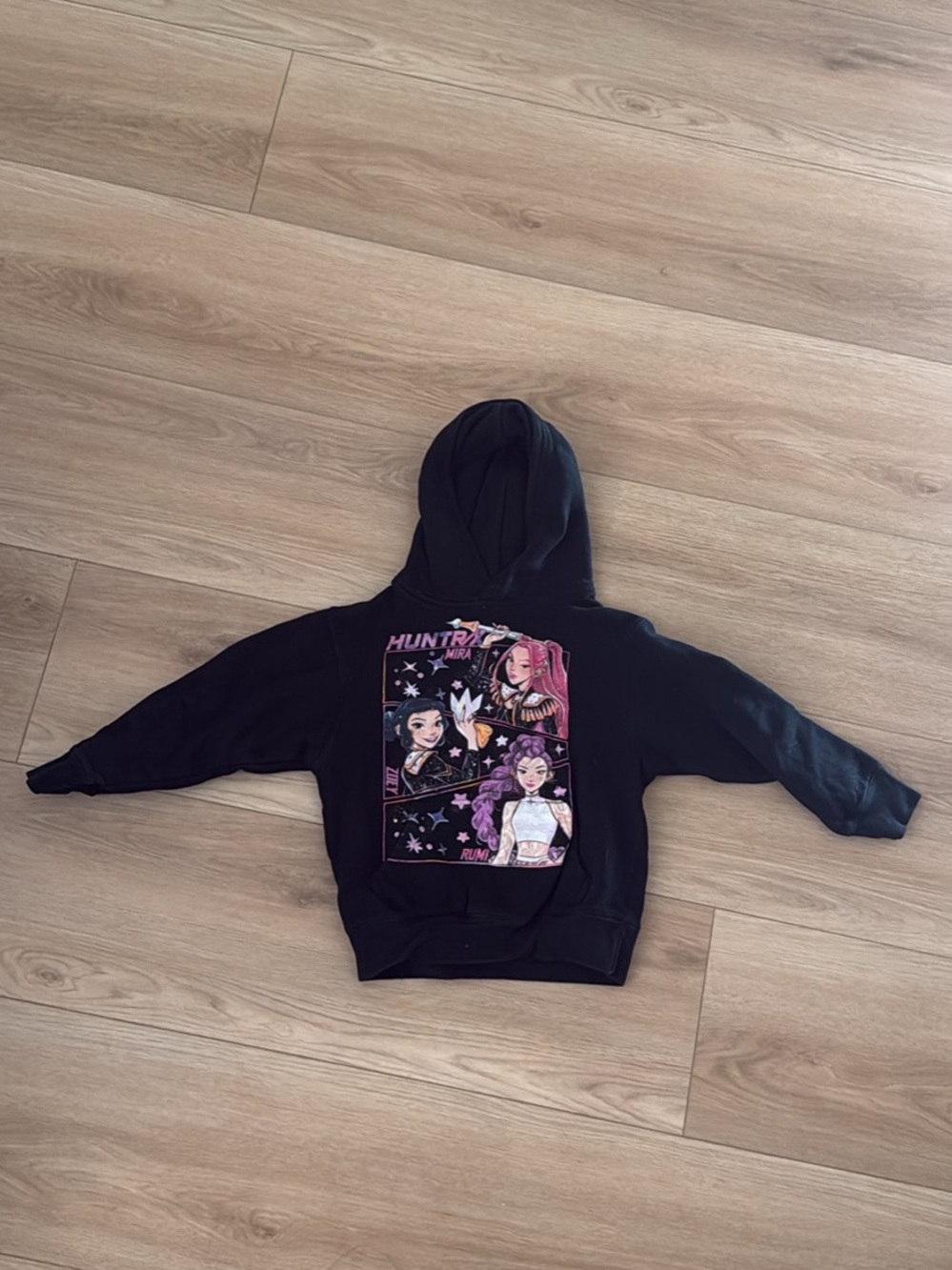 Kids' Black Puffer Hoodie with Pink & Purple Anime Graphic